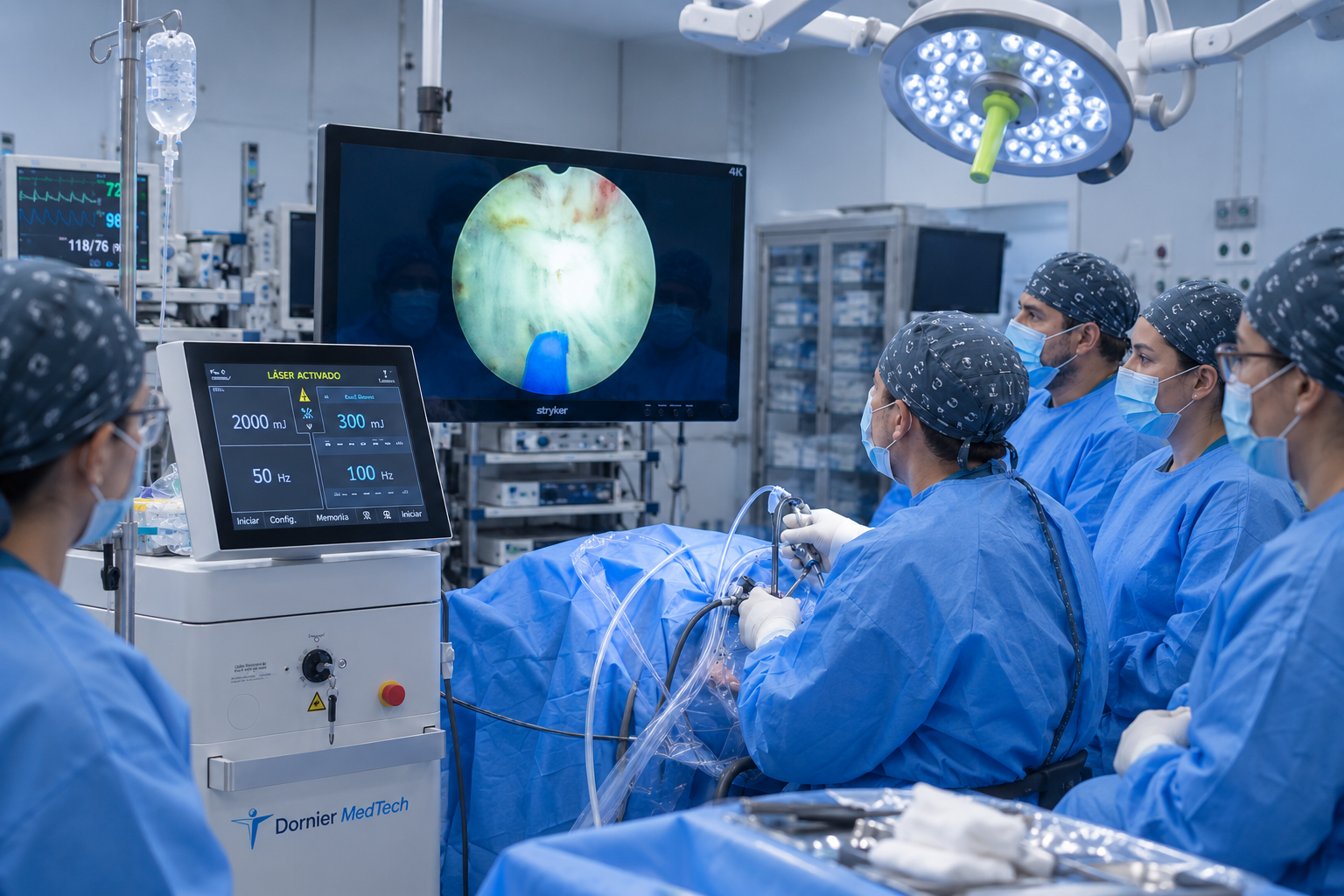 Cirujanos urólogos en colaboración intraoperatoria durante procedimiento endourológico con láser